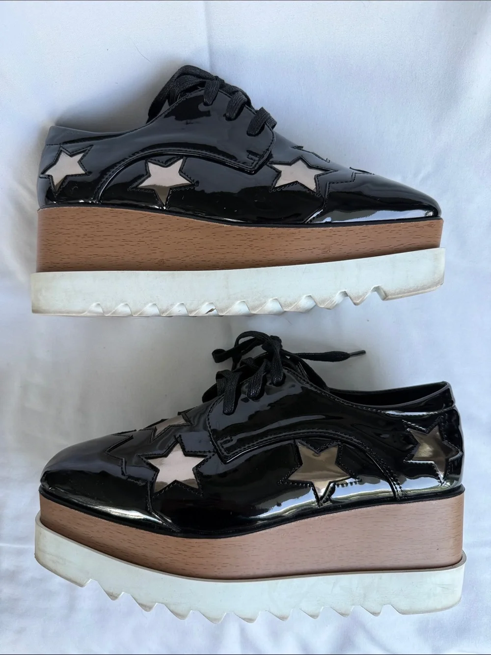 Designer inspired Black Patent Platform Lace-Up Shoes with Star Accents